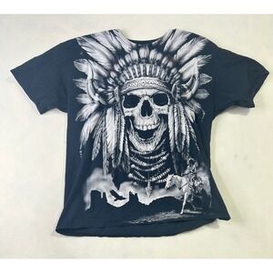 Native American Skull Headdress Graphic T-Shirt Black Biker Western Tee Mens L